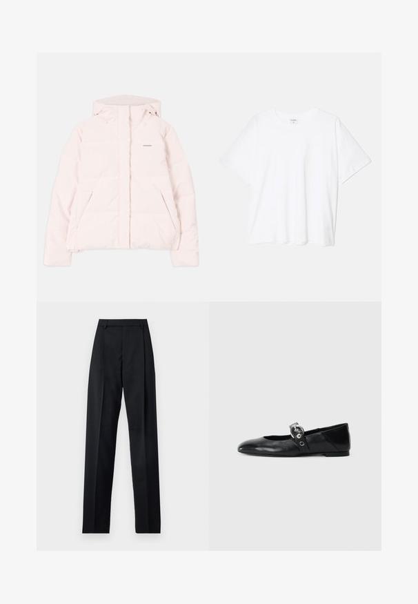 Jasnoróżowa kurtka puchowa z kapturem, z zapięciem na zamek z przodu, dwiema bocznymi kieszeniami i dyskretnym logo na piersi. Gładka tekstura.; Biała bawełniana koszulka z krótkim rękawem, okrągłym dekoltem, luźnym krojem i przeszytym brzegiem. Metka widoczna wewnątrz dekoltu.; Czarne spodnie wykonane z gładkiego materiału, z wysokim stanem, szerokimi nogawkami, fałdami z przodu i klasycznymi szlufkami na pasek. Brak widocznych kieszeni bocznych.; Czarne skórzane baletki z wąskim noskiem, z paskiem z okrągłą metalową klamrą i płaską podeszwą.