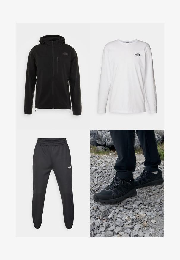 Černá softshellová bunda s kapucí, vybavená předním zipem, bočními kapsami a kapsou na prsou. Hladký povrch a minimální branding.; Bílý dlouhý rukáv tričko vyrobené z bavlny s kulatým výstřihem. Na hrudi se nachází malé černé logo. Hladká textura, běžný střih.; Černé tepláky s nastavitelným pasem, zúženým střihem, elastickými manžetami a malým bílým logem na levém stehně, vyrobené z hladké tkaniny.; Černé venkovní boty z prodyšného a syntetického materiálu, s texturovaným svrškem, bezpečným šněrovacím systémem a robustní podrážkou, na skalnatém terénu.