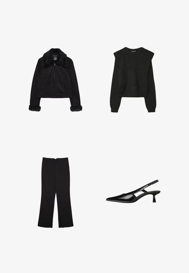 Svart kort jacka med en mjuk, texturerad krage och ärmslut. Har långa ärmar, dragkedja fram och två framfickor.; Svart långärmad stickad tröja med vadderade axlar och ribbade muddar och fåll, visad mot en vit bakgrund.; Svarta byxor med rak passform, utrustade med framfickor och sidoklyvningar vid fållen. Tillverkade av mjukt, slätt tyg. Lämpliga för olika tillfällen.; Svart lackläder slingback-klackar med spetsig tå, utskuren sidor och en liten fyrkantig klack. Slät textur med minimala accenter.