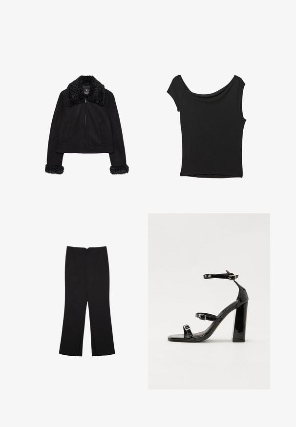 Čierna skrátená bunda s mäkkým, textúrovaným golierom a manžetami. Obsahuje dlhé rukávy, predný zips a dve predné vrecká.; Čierny krátky rukáv top vyrobený z hladkej tkaniny; má prehnutý výstrih a asymetrický lem, s priliehavým telom.; Čierne nohavice so strihom rovného strihu, s prednými vreckami a bočnými rozparkami na leme. Vyrobené z mäkkej, hladkej tkaniny. Vhodné na rôzne príležitosti.; Čierne lakované sandále na podpätku so štvorcovou špičkou, navlečenými remienkami okolo členku a striebornými prackami. Disponujú masívnym blokovým podpätkom pre stabilitu.