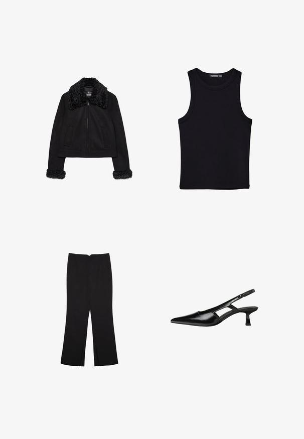 Černá zkrácená bunda s měkkým, texturovaným límcem a manžetami. Má dlouhé rukávy, přední zip a dvě přední kapsy.; Černý top na ramínka vyrobený z bavlny, s kulatým výstřihem a širokými průramky. Hladká textura s prošitými lemy. Klasický, minimalistický design.; Černé kalhoty s rovným střihem, s předními kapsami a bočními rozparky na lemu. Vyrobené z jemné, hladké tkaniny. Vhodné na různé příležitosti.; Černé lakované lodičky na podpatku se špičatou špičkou, výřezovým designem na boku a malým čtvercovým podpatkem. Hladká textura s minimálními akcenty.