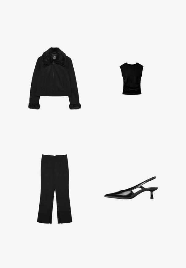 Črna skrajšana jakna z mehkimi, teksturiranimi ovratnikom in manšetami. Ima dolge rokave, sprednji zadrgo in dve sprednji žep.; Črn kratkotrajni top s prilegajočo silhueto, ki se ponaša z nabranimi stranskimi detajli in gladkim, raztegljivim materialom za udobje.; Črne hlače ravnega kroja z naglavnimi žepi in stranskimi razporki na robu. Narejene iz mehke, gladke tkanine. Primerne za različne priložnosti.; Črne patentični usnjeni salonarji s slingback designom, z zašiljenim nosom, izrezanim stranskim dizajnom in majhnim kvadratnim peto. Gladka tekstura z minimalnimi detajli.
