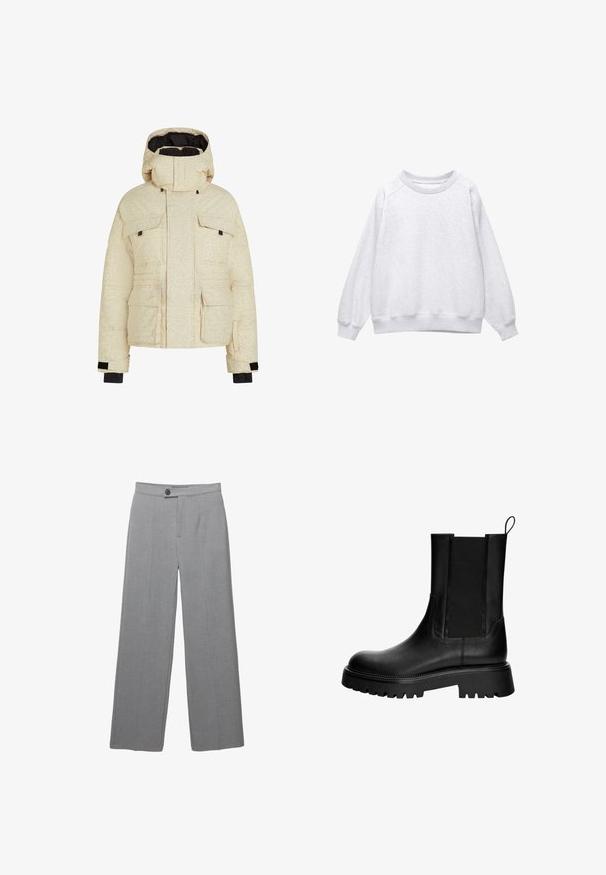 Crème pufferjack met een subtiel gemêleerd patroon, een capuchon, vier voorkwamen en zwarte accenten op de mouwen. Geïsoleerd ontwerp voor warmte.; Lichtgrijze crewneck sweatshirt met lange mouwen en geribde manchetten en onderkant, plat weergegeven op een witte achtergrond.; Grijze op maat gemaakte broek met een brede pijp, platte voorkant en subtiele textuur. Bevat een enkele knoopsluiting en strakke lijnen.; Zwarte leren enkellaars met een gladde afwerking, elastische zijpanelen en een chunky zool met diepe noppen. Lus aan de achterkant voor eenvoudig aan- en uittrekken.
