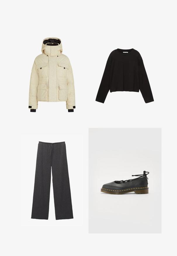 Krämfärgad puffer-jacka med en subtil texturerad mönstring, huva, fyra framfickor och svarta detaljer på ärmsluten. Isolering för värme.; Svart långärmad croppad tröja gjord av mjuk bomull. Har rund halsringning och lös passform med sänkta axlar. Inga synliga mönster eller accenter.; Långa byxor i mörkgrått med en texturerad tyg och en elastisk midja med dragsko. Enkel och minimalistisk design.; Svart lädersko med rund tå, låg klack, snörning och gul söm längs sulan. Slät yta med matt finish.