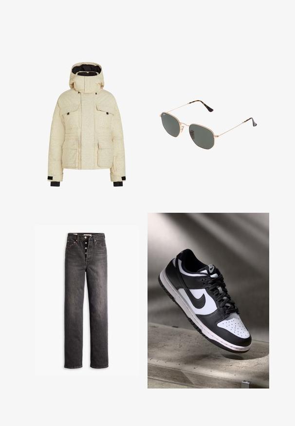 Giacca puffer crema con un sottile motivo testurizzato, cappuccio, quattro tasche frontali e dettagli neri sui polsini. Design isolato per il calore.; Top avvolgente a maniche lunghe nera realizzato in tessuto morbido, con scollatura a V, lunghezza cropped e un nodo legato sul lato per la chiusura.; Jeans neri a vita alta con design a gamba dritta, realizzati in denim. Presentano un'apertura con bottone, dettagli in metallo color rame e cuciture a contrasto.; Sneaker Nike Dunk Low in bianco e nero con tomaia in pelle, punta perforata e lacci neri, caratterizzata da una suola bianca e dettagli del logo.; Occhiali da sole con montatura in metallo dorato e lenti verde scuro, stile aviator, con aste sottili e dettagli in tartaruga sulle punte.; Borsa tote nera con motivo geometrico, realizzata in materiale testurizzato. Presenta manici resistenti e un'etichetta, con una forma strutturata.