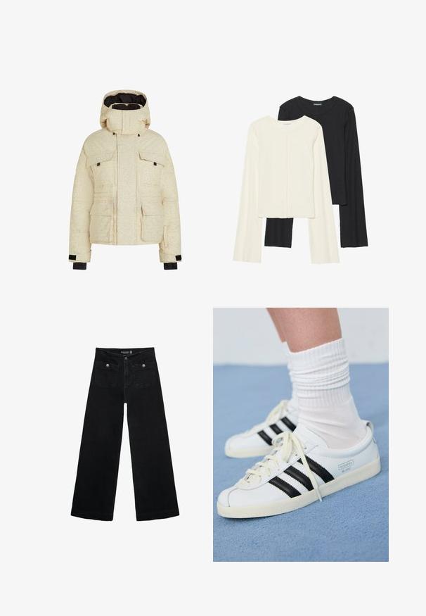 Kermainen puffatakki, jossa on hienovarainen tekstuuri, huppu, neljä etutaskua ja mustat yksityiskohdat hihansuissa. Eristetty malli lämpimyyteen.; Kaksi pitkähihainen puseroa valkoisena ja mustana. Varren neulos, pyöreä kaulus, tiukka malli, jossa on hieman levenevät hihat.; Mustat leveälahkeiset farkut korkean vyötärön kanssa, joissa on kaksi etutaskua ja metalliset nappikoristeet. Kangas on sileä.; Valkoiset nahkakengät, joissa on mustat raidat, kermaisen värinen pohja ja vaaleat nauhat. Puettu valkoisten urheilusukkien kanssa, taustalla sininen väri.