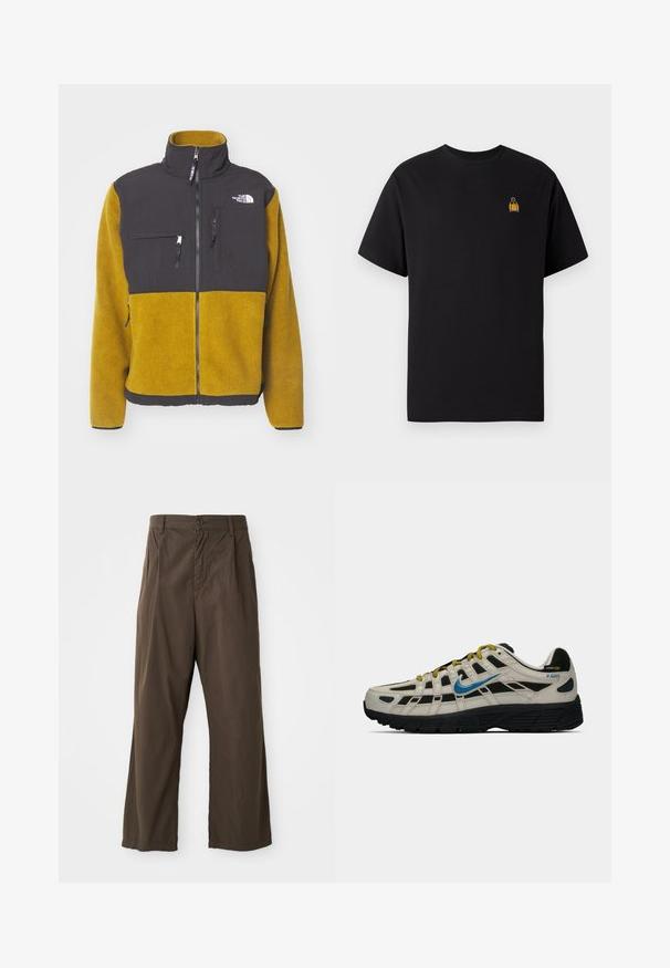 Polarowy jacket z czarną górą i żółtymi dolnymi sekcjami. Posiada wysoki kołnierz, zamek z przodu oraz dwie boczne kieszenie, w tym jedną kieszeń na piersi zapinaną na zamek.; Czarny bawełniany t-shirt z krótkimi rękawami, okrągłym dekoltem i małym żółtym haftowanym wzorem na lewej piersi.; Brązowe, szerokie spodnie wykonane z bawełny, z zapięciem na guzik z przodu, szlufkami na pasek oraz gładką, matową fakturą.; Beżowo-czarny sneaker Nike P-6000 z niebieskim logo, żółtymi sznurówkami, czarną podeszwą i etykietą z tkaniny Cordura na pięcie.