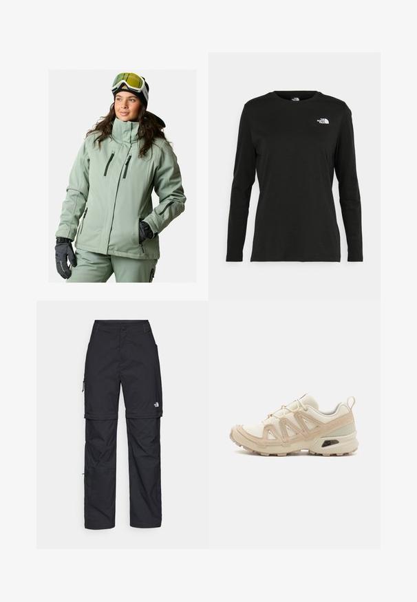 Jasnozielona kurtka softshell z wysokim kołnierzem, wieloma kieszeniami na zamek i zamkiem przy mankietach. Połączona z czarnymi rękawicami i goglami.; Czarna koszulka z długim rękawem z bawełny z okrągłym dekoltem. Posiada niewielkie białe logo po lewej stronie na piersi. Prosty design i fason.; Czarne nylonowe spodnie cargo z odpinanymi nogawkami, regulowanymi mankietami, wieloma kieszeniami oraz logo na prawej nogawce. Gładka, lekka tekstura.; Beżowe i kremowe buty sportowe z teksturowanej siateczki, wspierającymi nakładkami oraz gumową podeszwą z wzorem bieżnika zapewniającym przyczepność.