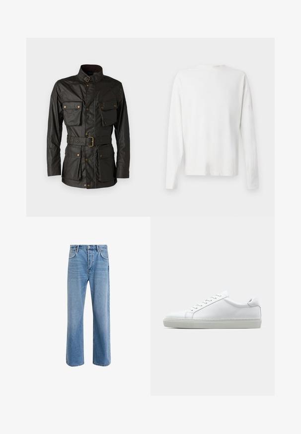 Temno zelena vosekova bombažna jakna z visokim ovratnikom, štirimi sprednjimi žepi, pasom in zlatimi kovinskimi okrasnimi elementi.; Bela bombažna srajca z dolgimi rokavi in okroglo ovratnikom, z bočnimi razporki na dnu in gladko teksturo, prikazana s hrbtne strani.; Svetlo modre denim kavbojke s ravno nogavico, petimi žepi, z gumbom za zapiranje, minimalnim zbledelostjo in kontrastnimi šivi.; Bela športna obutev z gladkim usnjenim zgornjim delom in nizkim profilom. Ima zaokrožen nos, šest lukenj za vezalke in teksturiran gumijast podplat.