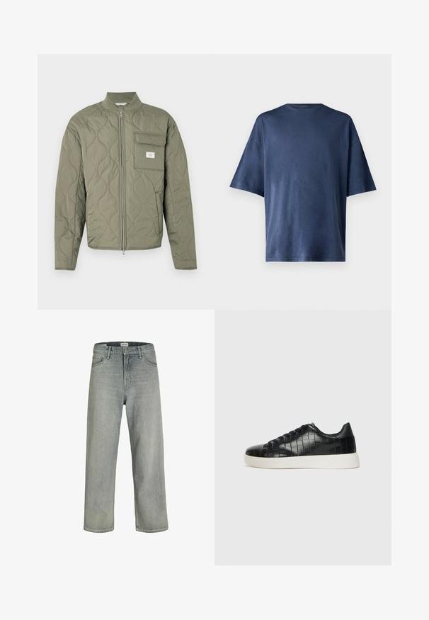 Prešívaná olivovo zelená bunda na zips s vlnkovým prešívaním, vysokým golierom a chlopňovou kapsou na ľavej strane hrudníka s bielou štítkou.; Námornícky modré tričko s krátkym rukávom, vyrobené z mäkkej látky, má klasický okrúhly výstrih a voľný strih, bez viditeľných vzorov či akcentov.; Svetlošedé džíny vo voľnom strihu vyrobené z denimu. Obsahujú klasický dizajn s piatimi vreckami, pútka na opasok a strih rovného nohavice.; Čierne tenisky s textúrovaným kroko-embosovaným koženým zvrškom, zaoblenou špičkou a kontrastnou bielou gumovou podrážkou s hladkým povrchom.