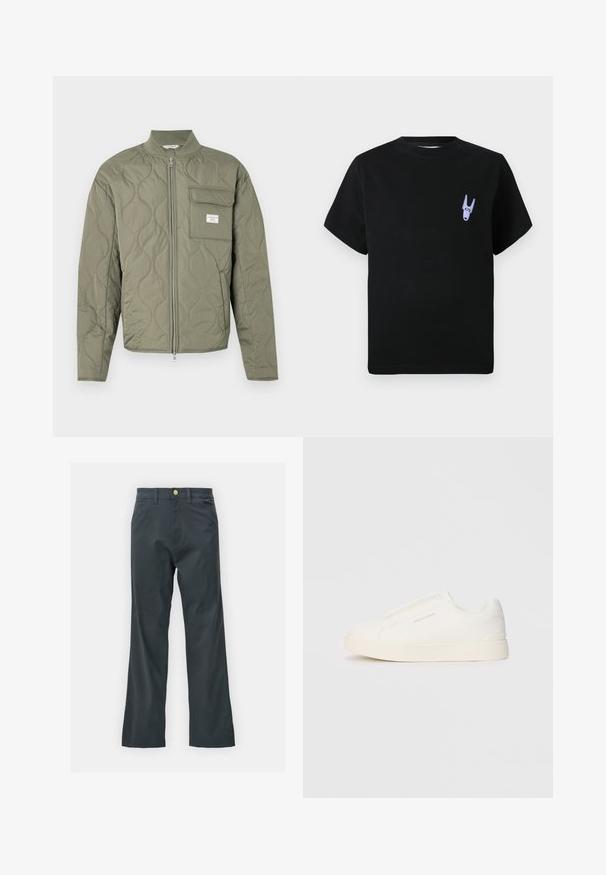 Quilted olive green zip-up jacket with wave stitching, a high collar, and a flap pocket on the left chest with a white label.; Black cotton t-shirt with short sleeves, featuring a small purple graphic detailing on the left chest area. Simple, boxy design.; Black pants with a straight leg cut, made from cotton blend fabric. Features a metal button closure and side pockets. No visible patterns.; White slip-on sneakers with a textured surface, a thick sole, and minimalistic design. Features brand logo on the side.