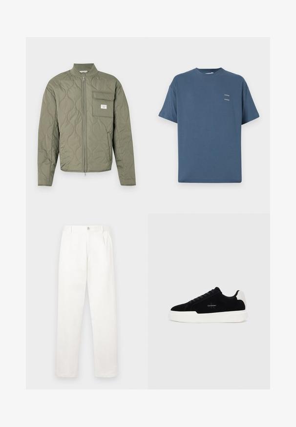 Quilted olive green zip-up jacket with wave stitching, a high collar, and a flap pocket on the left chest with a white label.; Blue cotton t-shirt with a classic crew neck, short sleeves, relaxed fit, and two small printed logos on the chest. Smooth texture.; White trousers made from smooth fabric, featuring a straight leg design, front pleats, and a single button closure at the waist.; Black low-top sneaker with white sole and heel tab, lace-up front, and Calvin Klein logo on side.