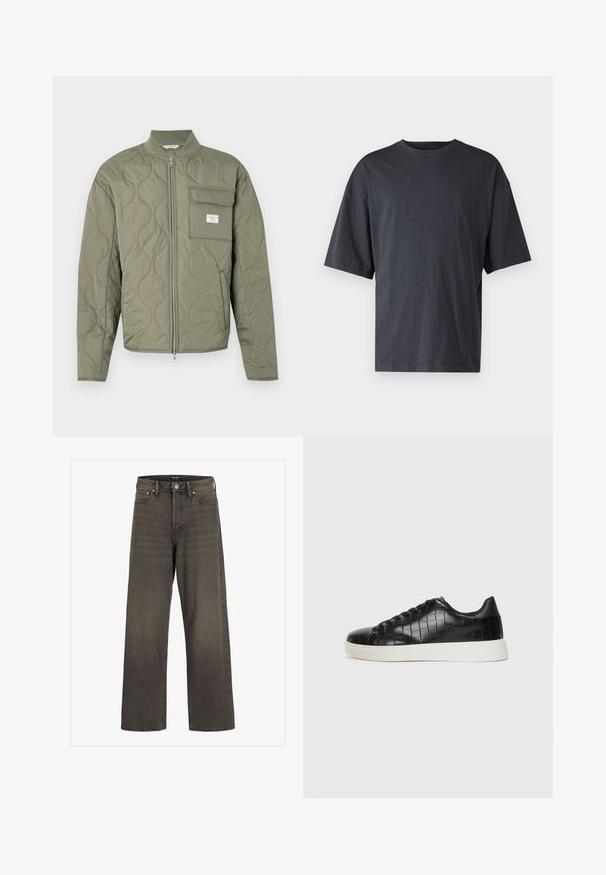 Quilted olive green zip-up jacket with wave stitching, a high collar, and a flap pocket on the left chest with a white label.; Dark gray short-sleeve t-shirt made of lightweight cotton, featuring a loose fit and classic crew neckline, with plain texture and no patterns.; Wide-leg jeans in dark grey denim, featuring a high waist, classic five-pocket design, and contrasting stitching along the seams.; Black sneakers featuring a textured croc-embossed leather upper, rounded toe, and a contrasting white rubber sole with a smooth finish.