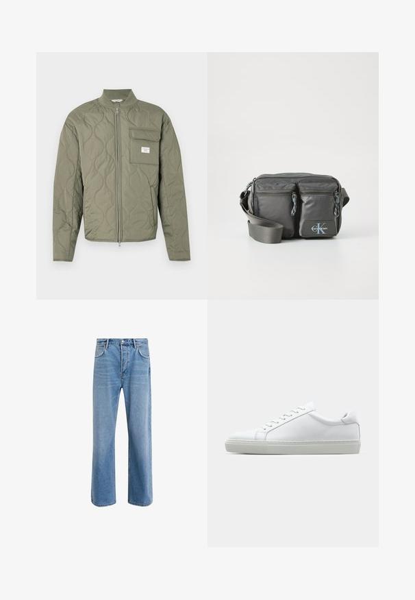 Quilted olive green zip-up jacket with wave stitching, a high collar, and a flap pocket on the left chest with a white label.; Long-sleeve, mock-neck shirt in light cream cotton. Smooth texture, relaxed fit, minimalist design, no visible patterns or accents.; Light blue denim jeans with a straight-leg design, five pockets, button closure, minimal fading, and contrasting stitching details.; White sneaker with a smooth leather upper and a low profile. Features a rounded toe, six eyelets, and a textured rubber sole.; Gray nylon crossbody bag with two zippered front pockets, adjustable strap, and logo accent. Smooth texture with a modern design.