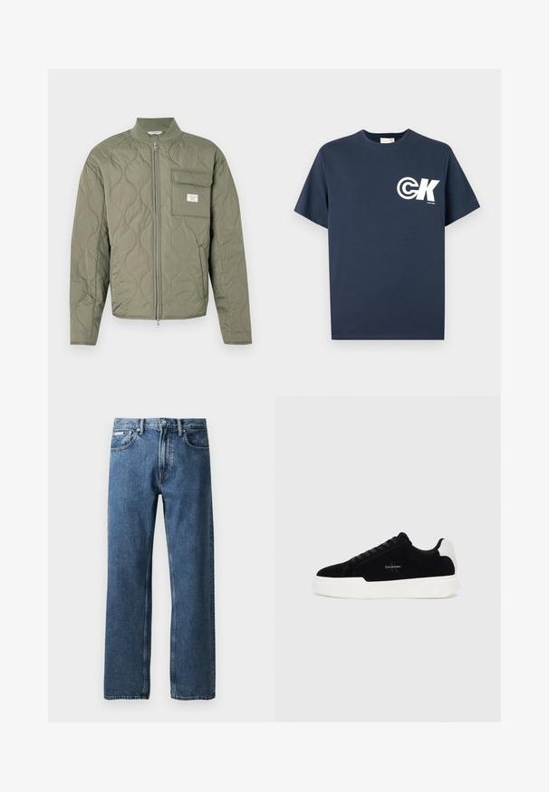 Quilted olive green zip-up jacket with wave stitching, a high collar, and a flap pocket on the left chest with a white label.; Navy blue short-sleeve crew neck T-shirt with white CK logo and "Calvin Klein" text on the left chest.; Blue straight-leg denim jeans with a high waist, button and zip closure, front pockets, and a small white brand label on the right pocket.; Black low-top sneaker with white sole and heel tab, lace-up front, and Calvin Klein logo on side.