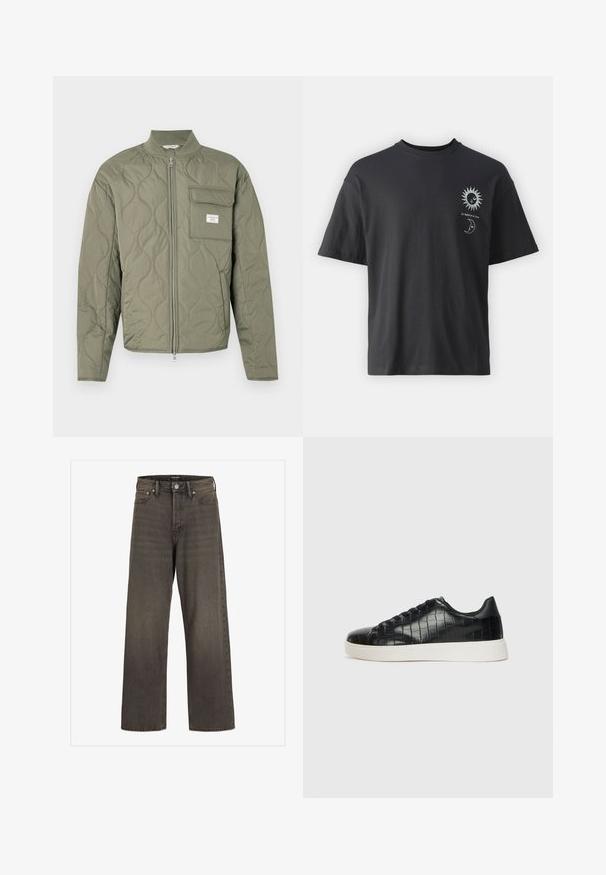 Prešita olivno zelena jakna z zadrgo, značilnim valovitim šivom, visokim ovratnikom in preklopnim žepom na levi prsni strani z belo etiketo.; Črna bombažna majica s kratkimi rokavi, okroglim izrezom in grafiko sonca in lune spredaj, v kombinaciji z besedilom "Le Soleil et La Lune."; Široke hlače iz temno sive denim tkanine, s wysokim pasom, klasičnim pet-pocket dizajnom in kontrastnim šivom ob šivih.; Črne športne copate z zgornjim delom iz teksturirane usnjene tkanine s kroko, zaobljenim nosom in kontrastnim belim gumijastim podplatom z gladko površino.