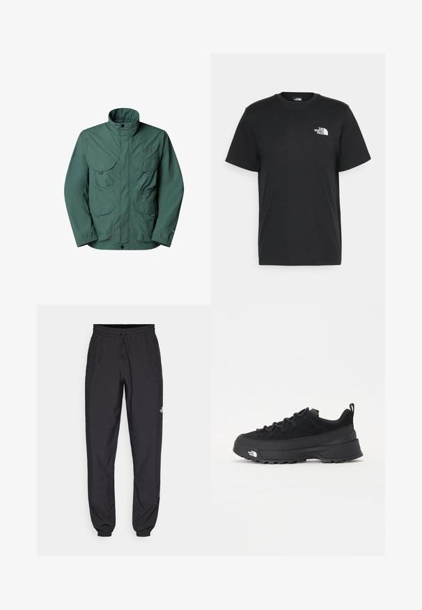 Grön utomhusjacka tillverkad av lätt material, med hög krage, flera framfickor och elastiska ärmslut. Logotyp på bröstet.; Svart bomull t-shirt med kort ärm, rund halsringning och en liten vit logga på vänster bröst. Enkelt design, mjuk textur och avslappnad passform.; Svarta träningsbyxor tillverkade av lättviktsmaterial, med dragsko i midjan, sidofickor och avsmalnande muddar vid anklarna.; Svart utomhussko med ovandel i mocka, texturerad gummisula och robust snörningssystem. Har en förstärkt häl och varumärkeslogotyp på sidan.