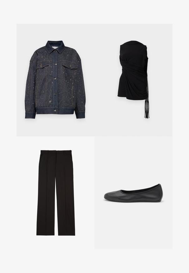 Giacca in denim di colore blu scuro, decorata con imbottiture metalliche. Presenta due tasche sul petto e chiusura a bottoni, con una vestibilità rilassata.; Top nero senza maniche con tessuto drappeggiato, arricciature laterali e dettaglio di frange allungate, caratterizzato da una texture liscia e una silhouette aderente.; Pantaloni neri su misura realizzati in un tessuto liscio, con un design a gamba dritta e due tasche laterali. Costruzione elegante e minimalista.; Pantofole da balletto nere in pelle con punta arrotondata, texture liscia, dettagli di cucitura minimi e design con suola flessibile.