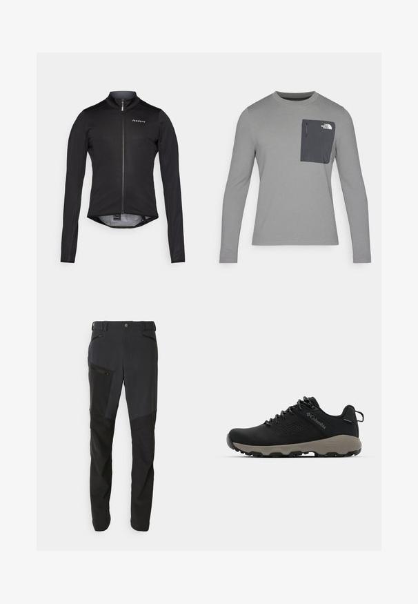 Black long-sleeve cycling jersey made of lightweight material, featuring a front zipper and a subtle logo on the chest. Smooth texture, fitted design.; Long-sleeve gray shirt with textured fabric, featuring a dark gray chest pocket and a zip closure. Logo on pocket in white.; Trousers in dark gray and black, featuring a mix of textures, multiple zippered pockets, and a straight leg design. Durable material used.; Black hiking shoe with a smooth upper, perforated design, gray outsole, and reinforced heel. Features laces and a pull tab for easy wear.