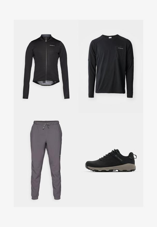 Maglia da ciclismo nera a maniche lunghe realizzata in materiale leggero, con zip frontale e un logo discreto sul petto. Texture liscia, design aderente.; Columbia COLUMBIA TECH™ LONG SLEEVE CREW - Maglietta a manica lunga - black; Pantaloni grigi, leggeri, con vita elastica e coulisse regolabile; gamba affusolata; texture liscia; include dettaglio del logo sul lato.; Scarpa da trekking nera con tomaia liscia, design perforato, suola grigia e tallone rinforzato. Caratterizzata da lacci e un anello per una facile calzata.