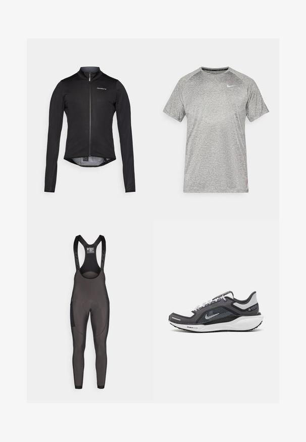 Zwarte lange mouwen fietsjersey van lichtgewicht materiaal, met een rits aan de voorkant en een subtiele logo op de borst. Soepele textuur, strakke pasvorm.; Grijze sport T-shirt met korte mouwen en een ronde halslijn; heeft een gestructureerde afwerking en een klein wit Nike-logo op de linkerkant van de borst.; Zwarte fiets bibshorts met verstelbare bandjes, een gewatteerd zitgedeelte en textuurpanelen aan de zijkanten voor extra grip en ondersteuning.; Zwarte en grijze sportschoen met een bovenwerk van mesh, reflecterende accenten en een witte tussenzool. Beschikt over een gestructureerde rubberen zool en veters.