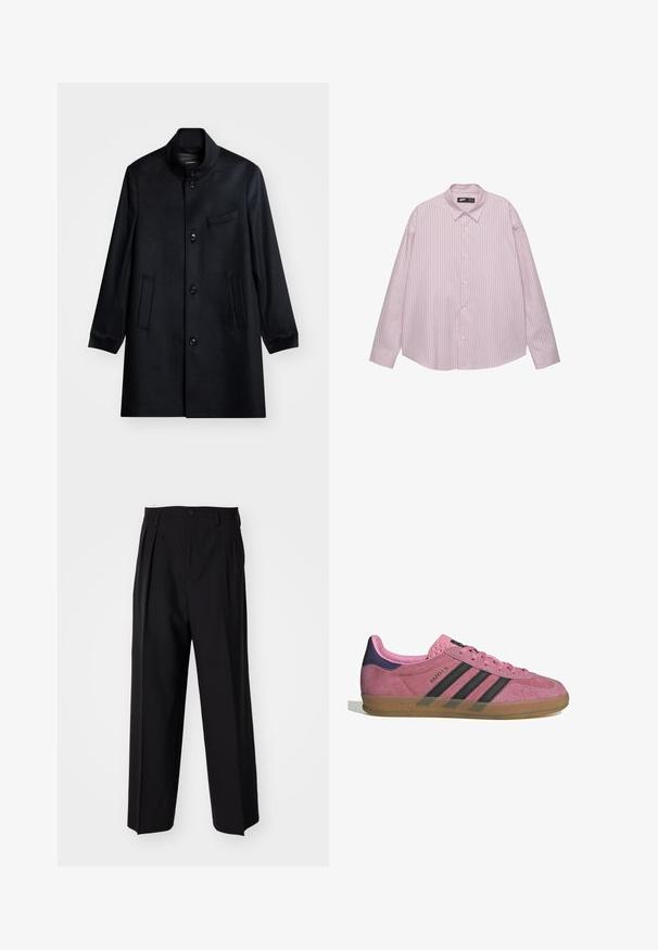 Črni volneni plašč z visokim ovratnikom, sprednjim gumbom za zapiranje in dvema stranskima žepoma. Ima tudi žep na prsih ter gladko teksturo.; Svetlo roza srajca z gumbi, z navpičnimi modrimi črtami, ovratnikom, dolgimi rokavi in ohlapnim krojem. Izdelana iz gladkega materiala z rahlim leskom.; Črne nabirane hlače s ravnim, širokim krojem. Narejene so iz gladkega materiala in imajo zadrgo ter pasne zanke.; Roza semišna tenisača z črnimi stripe, gumijastim podplatom in teksturiranim vijoličastim petnim delom. Ima vezalni dizajn in embosirano blagovno znamko na strani.