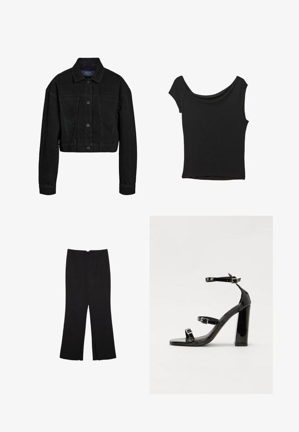 Musta farkkutakki, jossa on nappikiinnitys, kaksi rintataskua ja klassinen kaulus. Sisältää sävysomstusta ja pitkät hihat.; Musta lyhythihainen paita, joka on valmistettu sileästä kankaasta; siinä on laskeutuva kaula-aukko ja epäsymmetrinen helma, sekä istuva malli.; Mustat housut suoralinjaisella leikkauksella, joissa on etutaskut ja sivurei'ät helman alla. Valmistettu pehmeästä ja sileästä kankaasta. Sopii eri tilaisuuksiin.; Musta kiiltävä korkokenkä sandaalit neliönmuotoisella varpaalla, nilkkaremmillä ja hopeisilla soljilla. Varustettu tukevalla lohkokorkealla vakauden takaamiseksi.
