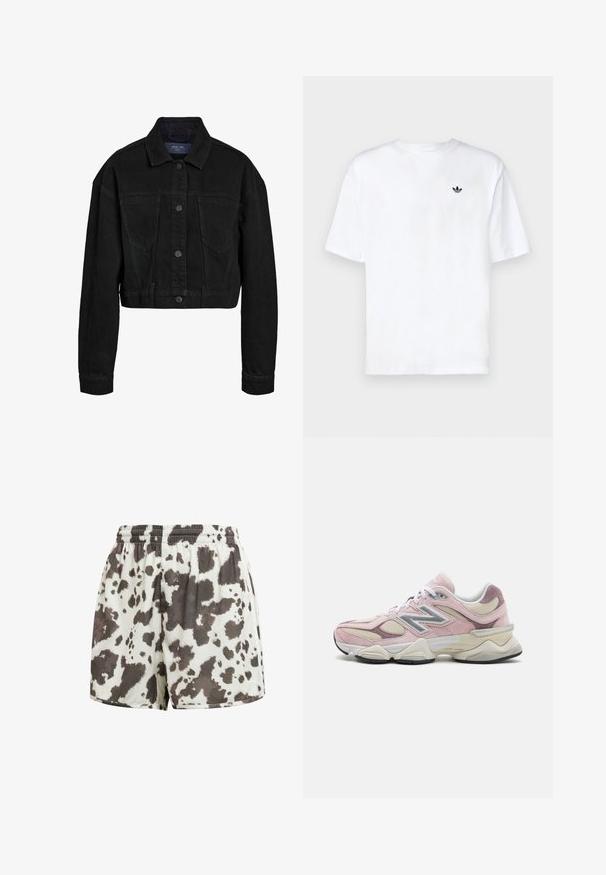 Svart denimkort jacka med knappstängning fram, två bröstfickor och klassisk krage. Har tonade sömmar och långa ärmar.; Vit bomullst-shirt med kort ärm som har en liten svart logotyp på vänster bröstområde. Rund halsringning och avslappnad passform.; Drawstringshorts i krämfärg med ett brunt och svart nötkreaturmönster. Slät textur, lös passform, sydd fåll och elastisk midja.; Rosa och krämfärgad träningsskor med mocka och mesh-material, med en silverlogga och texturerade detaljer, formad sula och snörning.