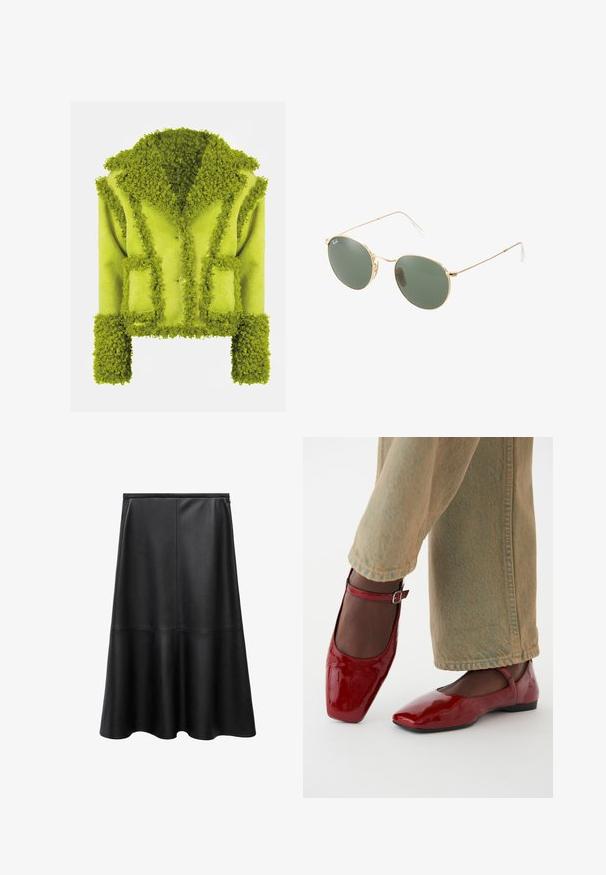 Grüne, strukturierte Jacke mit flauschigem Äußeren, großem Kragen und aufgesetzten Taschen. Mit Knopfverschluss und verkürzten Ärmeln. Weiches Material.; Braunes Langarmoberteil mit tiefem Rundhalsausschnitt, das große weiße Punkte aufweist und eine Raffung an der Taille für eine figurbetonte Passform hat.; Schwarzer Lederrock, A-Linien-Form, knielang, glatte Textur, Nahtdetails, ausgestellt gesäumt und unsichtbarer Reißverschluss hinten.; Rote Lacklederschuhe mit quadrater Zehenform, niedrigem Absatz und Knöchelriemen, kombiniert mit hellgrünen weiten Jeans. Glatte Textur, reflektierende Oberfläche.; Sonnenbrille mit goldfarbenem Metallrahmen und grünen Gläsern, runder Form, dünnen Bügeln und weißen Kunststoffakzenten an den Enden der Bügel.; Braune Handtasche aus Kunstpelz mit gerafftem Design und Kordelzugverschluss. Weiche Textur, abgerundete Form und minimalistischer Stil.