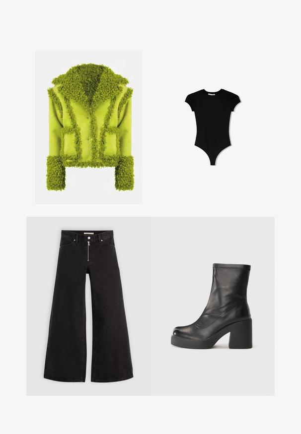 Giacca verde strutturata con un esterno peloso, colletto ampio e tasche a toppa. Presenta una chiusura con bottoni e maniche arricciate. Materiale morbido.; Body corto nero a maniche corte con scollatura tonda e aperture laterali alte, realizzato in un tessuto liscio e elasticizzato.; Jeans a gamba larga in denim nero con chiusura a zip, design a cinque tasche e dettagli di cucitura sottili. Texture morbida e stile casual.; Stivale in pelle nera fino al polpaccio con tacco a blocco spesso e suola platform su uno sfondo bianco semplice.