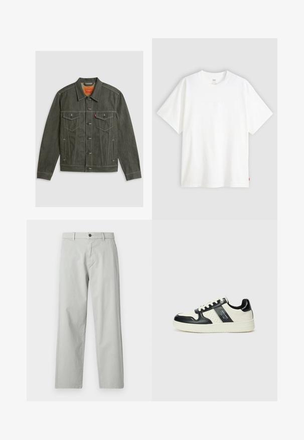 Tumedast roheline denimist jakk koos terava kraega, kahe rinnanapiga ja ette nööbid. Omab kontrastset valget õmblust ja brändi sildi.; Valge lühikeste varrukatega puuvillane T-särk, millel on ümmargune kaelus. Ees on peene reljeefse logoga detail ja hemmi peal punane silt.; Heledad hallhalli sirged püksid, mis on valmistatud siledast kudumisest. Omab esist nupulahtust ja küljetaskuid. Minimalistlik stiil.; Nahatud nahkkingad musta ja kreemi värviskeemiga, millel on perforeeritud aktsendid, pehme krae ja tekstureeritud tallad.