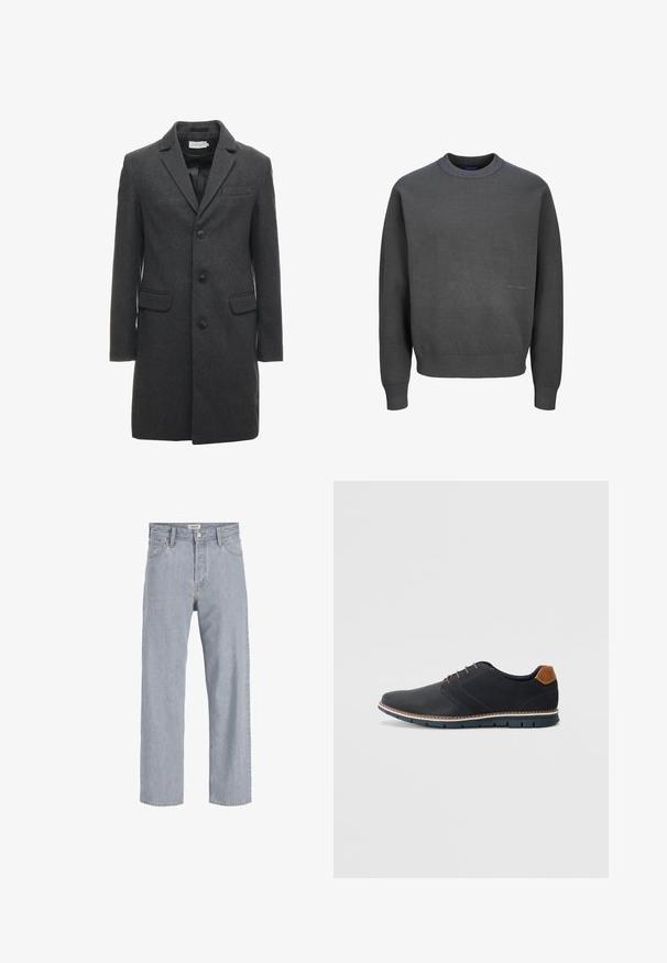 Mørkegrå uldblandet overfrakke med enkeltknapdesign, krave med spidser og to forlommer. Har seks knapper på forsiden.; Mørkegrå sweater lavet af struktureret strikket stof, med en ribbet rund hals og manchetter, samt en diskret logo detalje foran.; Lysblå denimjeans med en afslappet pasform, lige benudforming, synlige syninger, to forlommer og knaplukning.; Sorte syntetiske sko med en tekstureret overdel, glatte accenter, brun hæl og en kontrasterende sål. Har minimale snørebånd og syningsdetaljer.