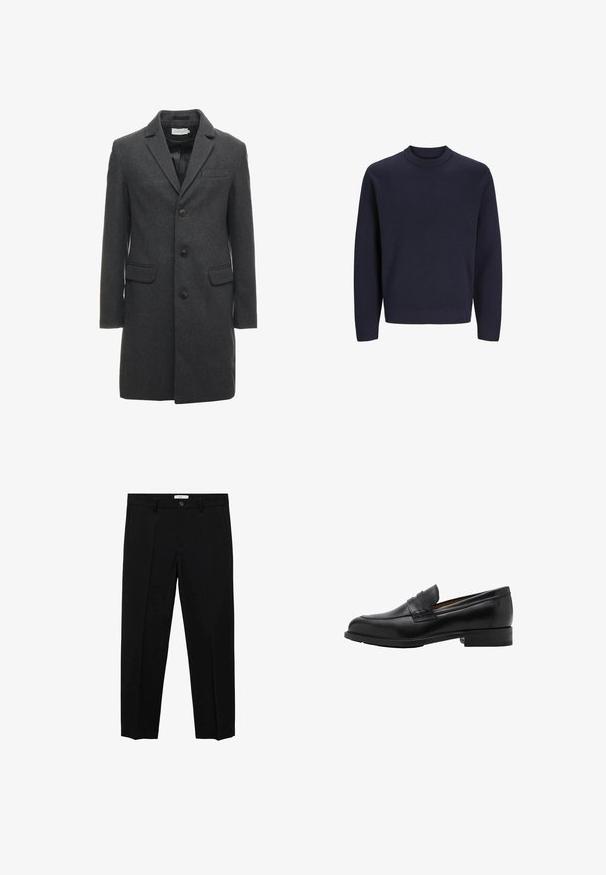 Dark gray wool blend overcoat with a single-breasted design, notch lapels, and two front pockets. Features six buttons on the front.; Navy blue knitted sweater with a round neckline and long sleeves. Features ribbed cuffs and hem. Smooth texture, casual design.; Black tailored trousers with a straight cut, featuring a single button closure, belt loops, and front pleats. Made from a smooth fabric.; Black leather loafers with a stitched front and flat heel. Smooth texture with a rounded toe and a decorative strap across the instep.