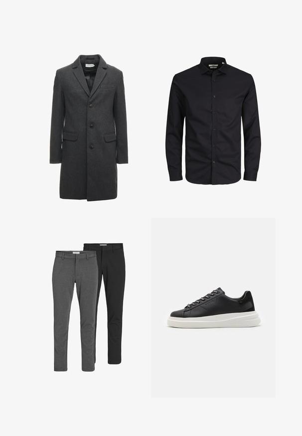 Dunkelgrauer Wollmischungsmantel mit einreihigem Design, notch-Kragen und zwei frontalen Taschen. Mit sechs Knöpfen auf der Vorderseite.; Schwarzes Langarmhemd mit Knopfleiste aus Baumwolle, mit spitzem Kragen, Frontknöpfen und klassischer Passform. Glatte Textur, ohne Muster.; Zwei Paar klassische Hosen: eine aus grauer Baumwollmischung, eine aus schwarzer Baumwollmischung. Beide besitzen ein maßgeschneidertes Design mit Gürtelschlaufen und einer glatten Oberfläche.; Schwarze Ledersneaker mit einer weißen Gummisohle, ausgestattet mit flachen Schnürsenkeln und markierten Ösen. Weiche Textur mit einem kontrastierenden Seitenakzent.