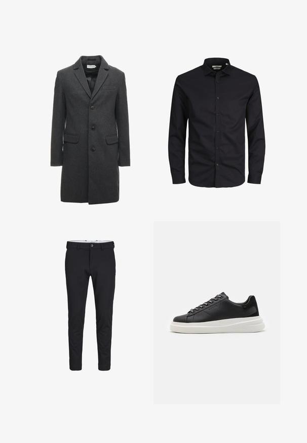 Donkergrijze wollen blend overjas met een enkele rij knopen, notch revers en twee zijzakken. Voorzien van zes knopen aan de voorkant.; Zwarte overhemd met lange mouwen, gemaakt van katoen, met een puntige kraag, knopen aan de voorkant en een klassieke pasvorm. Zorgt voor een soepele textuur, zonder patronen.; Zwarte broek gemaakt van een gladde, rekbare stof. Ze hebben een slim fit, een knoopsluiting en insteekzakken aan de zijkanten.; Zwarte leren sneakers met een witte rubberen zool, voorzien van platte veters en gemerkte oogjes. Zachte textuur met een contrasterende zijaccent.