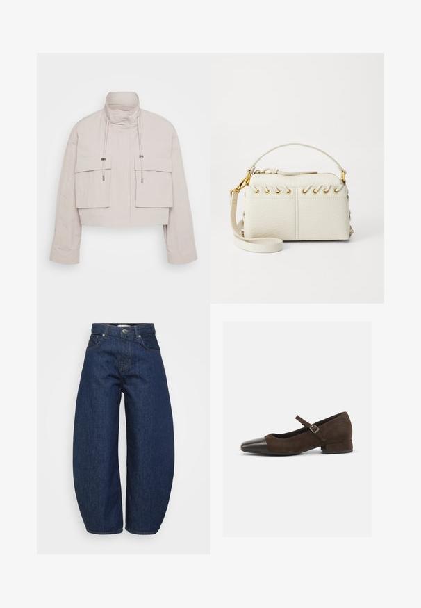 Lühike jope heledast beežist kangast, millel on kõrge krae, kaks esikäiku ja reguleeritavad nöörid kindla istuvuse tagamiseks.; Tumedat sinine lühiainen kudum, mis on valmistatud pehmest kudumismaterjalist. Omab ümmargust kaelust ja pikki varrukaid ribatud mansettidega. Lihtne ja stiilne disain.; Tumesinised teksapüksid laiade, lõdvalt istuvate lõigetega. Varustatud luku ja nelja taskuga ning kontrastse õmblusega õmbluste ääres.; Pruun nubukist Mary Jane sandaal musta lakknahaga varvaga, reguleeritava rihmaga ja madala plokknähtud kontsaga. Sile tekstuur ja minimaalsed aktsendid.; Valge kunstnahast kott, millel on ülemine tõmblukk, lühike käepide ja eemaldatav ristkeha rihm kuldsete detailidega. Külgade lacing detail.; Hõbedane rõngas kõrvarõngas poleeritud viimistlusega, millel on väikesed kuldsed aktsendid ja ümmargune kuju, kantud lobus.