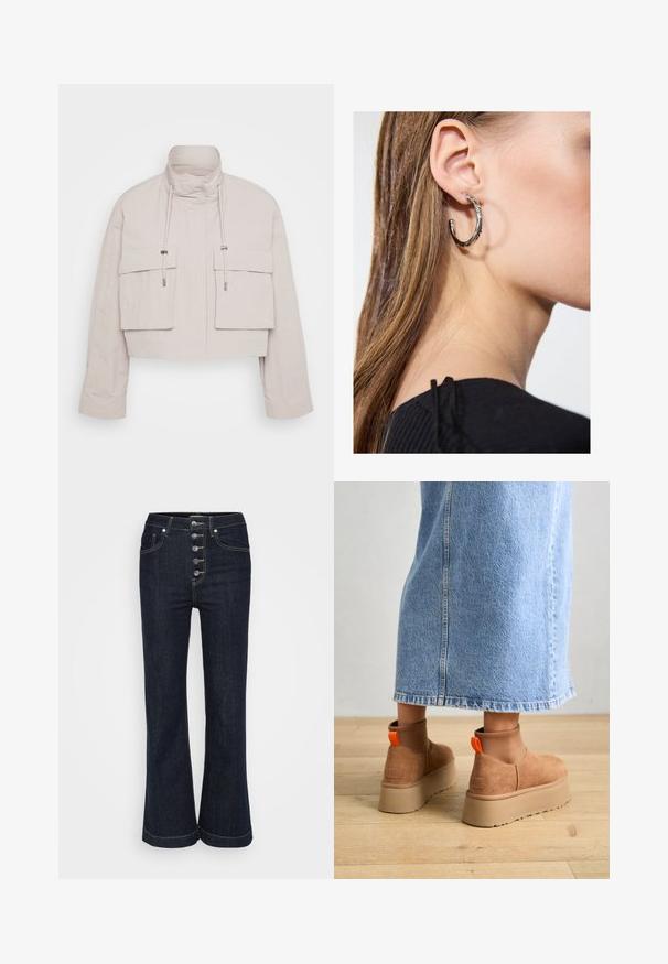 Cropped jacket in light beige fabric with a high collar, two front flap pockets, and adjustable drawstrings for a secure fit.; White cropped sweater made from soft material, featuring a round neckline and long, slightly oversized sleeves with ribbed cuffs.; Dark blue high-waist flare jeans with five silver buttons on the front and contrast stitching around pockets and seams.; Brown suede platform boots with elastic side panels and orange pull tabs, paired with a knee-length light denim skirt on a wooden floor.; Silver hoop earring with a polished finish, featuring small gold accent details and a round shape, worn on the lobe.