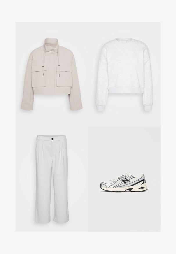Zkrácená bunda ze světlého béžového materiálu s vysokým límcem, dvěma předními kapsami na klopu a nastavitelné šňůrky pro bezpečné upevnění.; Světle šedá, dlouhá cropped mikina s dlouhým rukávem, ribbed manžetami a vysokým kulatým výstřihem, vystavená na jednodbém světlém pozadí.; Bílé, široké kalhoty vyrobené z hladké tkaniny, s plisovaným předním dílem a elastickým pasem s knoflíkovým zapínáním.; Bílé a šedé sportovní tenisky s černým logem "N", síťovaným svrchním materiálem, polstrovanou podrážkou a šněrovacím designem, zobrazené na jednoduchém světle šedém pozadí.