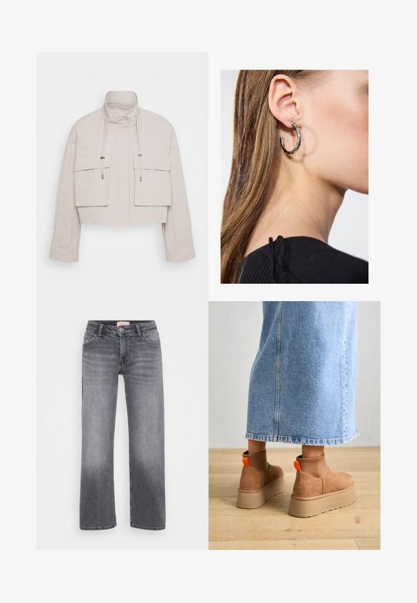 Cropped jacket in light beige fabric with a high collar, two front flap pockets, and adjustable drawstrings for a secure fit.; Even&Odd Petite 2 PACK - Top - light grey/black; Gray denim jeans with a straight leg design, five-pocket style, subtle fading, and a button closure at the waist.; Brown suede platform boots with elastic side panels and orange pull tabs, paired with a knee-length light denim skirt on a wooden floor.; Silver hoop earring with a polished finish, featuring small gold accent details and a round shape, worn on the lobe.