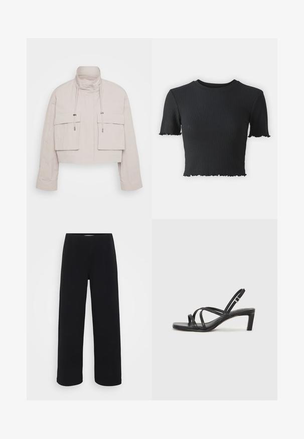 Lyhyt takki vaaleanbeigessä kankaassa, jossa on korkea kaulus, kaksi etutaskua läpällä ja säädettävät nyörit varmistaen mukautuvan istuvuuden.; Musta ribbattu crop-top lyhyillä hihoilla, pyöreällä kaula-aukolla ja risat reunat, jotka lisäävät tekstuuria. Valmistettu joustavasta materiaalista.; Mustat leveät housut elastisella vyötäröllä. Valmistettu tekstuuritetusta materiaalista, jossa on rento istuvuus ja suora leikkaus lantion kohdasta helmaan.; Mustat hihnalligat, joissa on neliön muotoinen kärki ja matala lohkokorko. Ominaisuuksiin kuuluu useita ohuita hihnoja ja säädettävä nilkkahihna. Valmistettu sileästä nahasta.