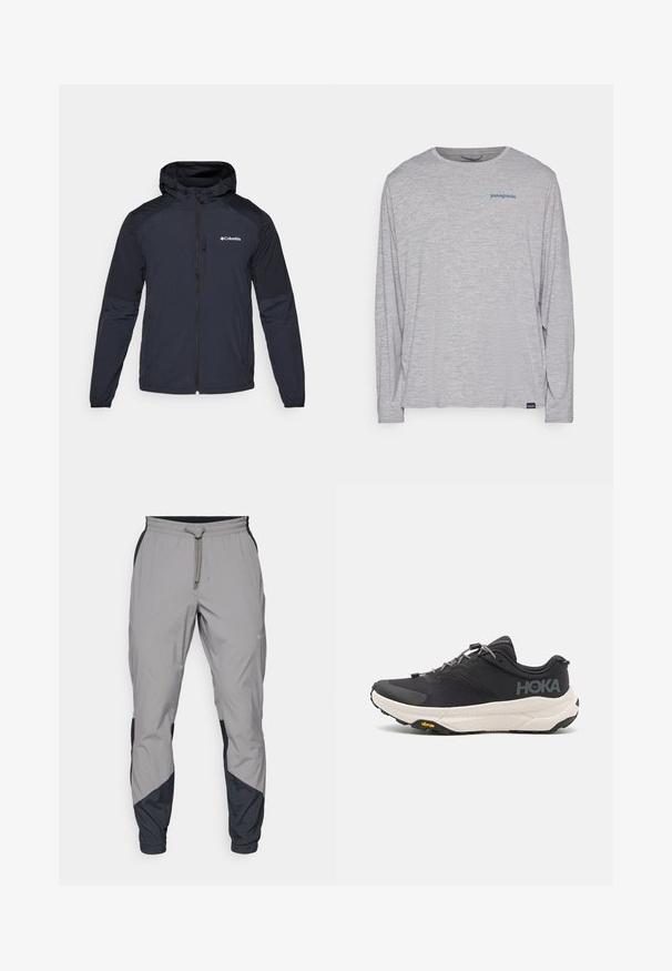 Men's hooded jacket in dark navy, made of lightweight, water-resistant fabric. Features a full zipper, elastic cuffs, and a logo on the chest.; Light gray long-sleeve t-shirt made of soft, textured fabric. Features a crew neck and a small blue Patagonia logo on the chest.; Lightweight, gray athletic pants with black accents. Elastic waistband, drawstring closure, tapered leg design, and side pockets.; Black athletic shoe with a textured upper, grey accents, reflective details, and a thick white sole featuring Vibram branding.