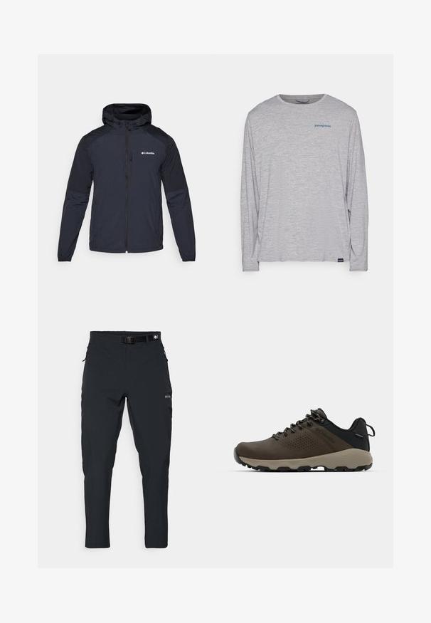 Hettejakke for menn i mørk marineblå, laget av lett, vannavvisende stoff. Har hel glidelås, elastiske mansjetter og en logo på brystet.; Lys grå langermet t-skjorte laget av myk, teksturert stoff. Har rund hals og en liten blå Patagonia-logo på brystet.; Columbia ESSENTIAL HIKE™ PANT - Friluftsbukser - black; Brune vanntette joggesko med teksturert overdel, perforerte detaljer, svart hæl støtte og en grå gummisåle. Snøring er stilisert med metalliske ender.