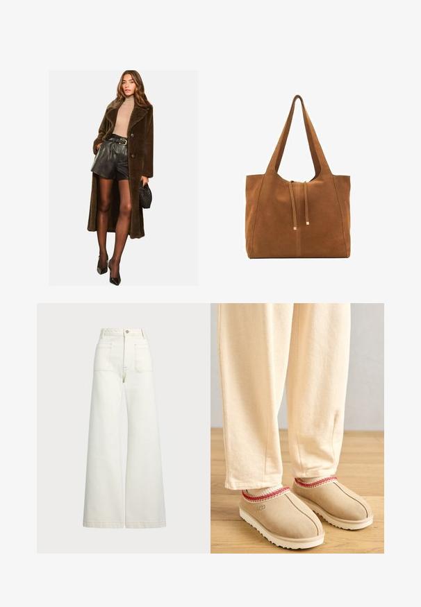 Bruine, oversized bontjas met een brede revers, twee knopen en lange mouwen, gecombineerd met zwarte leren shorts en accessoires.; Korte mouwen, gestreepte top in crème en marineblauw, met een ronde halslijn en een boxy ontwerp van een textuurstof.; Wijd-zit jeans van off-white denim. Hooggaande taille met een knoopsluiting, twee voorzakken en contrasterende stikdetails.; Tansuède klompen met een rode decoratieve rand en een witte rubberen zool, gecombineerd met lichtbeige broeken, geplaatst op een houten vloer.; Bruine suède schoudertas met twee lange hengsels, trekkoordsluiting en minimalistisch ontwerp. Gladde textuur en geen zichtbare hardware-accenten.
