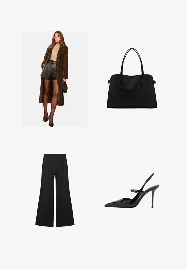 Cappotto in pelliccia marrone, oversize, con ampio risvolto, due bottoni e maniche lunghe, abbinato a pantaloni corti in pelle nera e accessori.; Camicia bianca a maniche corte realizzata in tessuto morbido, con scollo rotondo e un design semplice e minimalista privo di pattern o dettagli visibili.; Pantaloni neri a gamba larga con una texture liscia, caratterizzati da pieghe frontali e un design sartoriale. Il tessuto è leggero e fluido.; Slingback in vernice nera con tacco a stiletto, punta affusolata e cinturino regolabile. Superficie liscia con finitura lucida.; Borsa a mano in pelle nera con doppio manico, forma rettangolare e design minimalista su sfondo bianco.