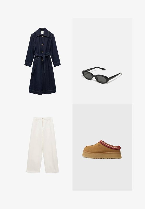 Dunkelblaue Denim-Trenchjacke mit Kragen, Knopfverschluss und gebundenem Taillengürtel. Verfügt über Seitentaschen und kontrastierende Nähte.; Dunkelblauer Denim-Stoff mit einer glatten Textur, der kontrastierende orangefarbene Nähte und gefaltetes Material aufweist, was seine Tiefe und Detailreichhaltigkeit betont.; Weite Hosen aus off-weißem Baumwollstoff. Mit einem Reißverschluss vorne und zwei Eingrifftaschen. Glatte Textur und lockerer Schnitt.; Braune Wildleder-Slipper mit rot-creamfarbenem gemusterten Besatz, strukturiertem Absatz und UGG-Logo an der Seite. Verfügt über eine leichte Plattformhöhe.; Schwarze Sonnenbrille mit ovalen Gläsern, glänzendem Kunststoffrahmen und schlanken Bügeln. Mit Ray-Ban-Logo in Weiß an der Seite.; Rote Leder-Schultertasche mit einem geschwungenen Design, glatter Textur und einem Reißverschluss. Sie verfügt über einen dünnen Henkel zum Tragen.