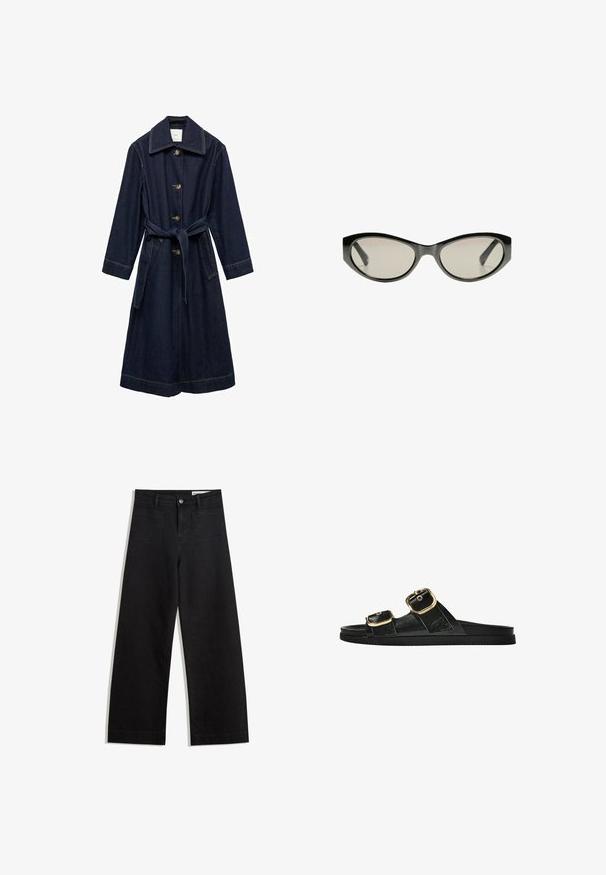 Tmavomodrý denimový trenčkot s golierom, zapínaním na gombíky a zaväzovacím pásom. Obsahuje bočné vrecká a kontrastné švy.; Čierne tričko s okrúhlym výstrihom vyrobené z jemnej bavlny. Krátke rukávy, voľný strih a rovný lem bez ozdôb či vzorov.; Čierne denimové nohavice s širokými nohavicami a vysokým pásom, so prednými a zadnými vreckami, šitými švami a zapínaním na gombík. Hladká textúra.; Čierne šľapky s dvoma zlatými prackami, hladký textúrovaný materiál, plochá podrážka a minimalistický dizajn.; Čierne slnečné okuliare v tvare mačacích očí so šedými tónovanými sklami. Plastový rám má ostré hrany a hladký, lesklý povrch.