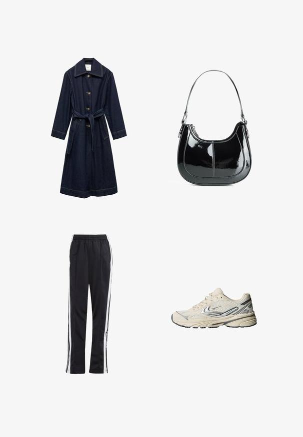 Dunkelblaue Denim-Trenchjacke mit Kragen, Knopfverschluss und gebundenem Taillengürtel. Verfügt über Seitentaschen und kontrastierende Nähte.; Weißes, geripptes Tanktop mit Rundhalsausschnitt und breiten Trägern. Weiche Stofftextur und genähte Säume. Einfaches, enganliegendes Design.; Schwarze Jogginghose mit weißen Seitenstreifen, elastischem Bund und einem Logo-Patch. Hergestellt aus glattem, leichtem Stoff. Gerades Bein-Design.; Cremefarbener Sportschuh mit einem Obermaterial aus Mesh, silbernen Akzenten und einer strukturierten Gummisohle. Entwickelt für Komfort und Stabilität.; Schwarze Handtasche aus lackiertem Leder mit geschwungenem Design, Reißverschluss und einem einzelnen Schulterriemen, der mit silberfarbenen Beschlägen und Akzenten in der Naht versehen ist.