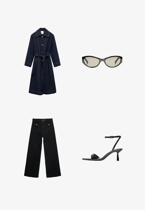 Mørk denim trenchcoat med krave, knaplukning og en bundet taljebælte. Har sideskuffer og kontrasterende syninger.; Hvid kortærmet t-shirt lavet af bomuld. Har en rund halsudskæring og en afslappet pasform. Glat tekstur uden synlige mønstre eller detaljer.; Sorte vidde jeans med høj talje, der har to forlommer og metalknapdetaljer. Stoffet har en glat tekstur.; Bershka Højhælede sandaletter / Højhælede sandaler - black; Sorte cat-eye solbriller med gråtonede linser. Plastikrammen har skarpe kanter og en glat, blank finish.