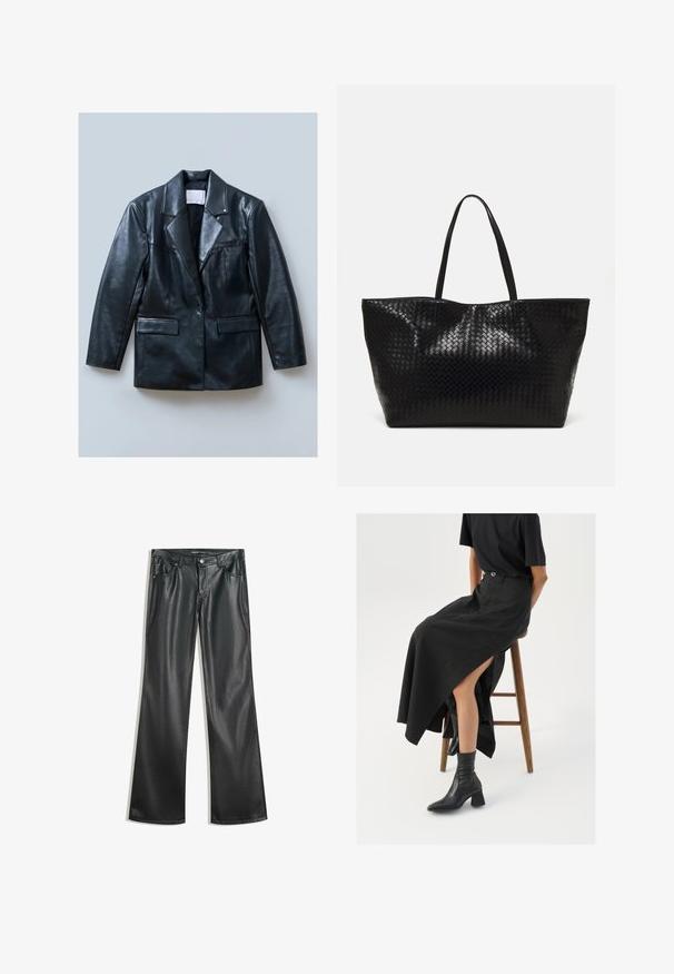 Sort læderblazer med spids revers, enkelt knaplukning, to forlommer og en glat, skinnende tekstur.; Sort langærmet top med ribbet tekstur og gennemsigtig mesh-detalje ved skuldrene. Sammen med højtaljede sorte bukser.; Sorte faux læder flare bukser med en glat tekstur, fem-lomme design, lynlås foran og kontrasterende syninger.; Sort linned maxi-nederdel med en høj slids, båret med en sort t-shirt og sorte ankelstøvler. Minimalistisk design med en afslappet pasform.; Sort vævet tote bag med to robuste håndtag, der har en blank overflade og et rummeligt åbent top design.
