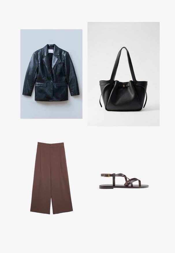 Sort læderblazer med spids revers, enkelt knaplukning, to forlommer og en glat, skinnende tekstur.; Brun kortærmet t-shirt lavet af blødt stof, med rund halsudskæring og afslappet pasform. Ingen synlige mønstre eller detaljer.; Brune bredbunde bukser med en glat tekstur, der har høj talje og plisseringer foran. Stoffet er let og falder løst.; Brune lædersandal med krydsende stropper, ankelspænde og en flad sål med minimale syninger.; Sort læder tote taske med to lange stropper, en indsnøret top og et gyldent cirkulært accent. Glat tekstur med et minimalistisk design.